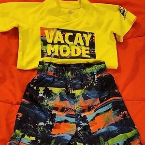 Yellow 'Vacay Mode' Shirt and Tropical Swim Shorts Set